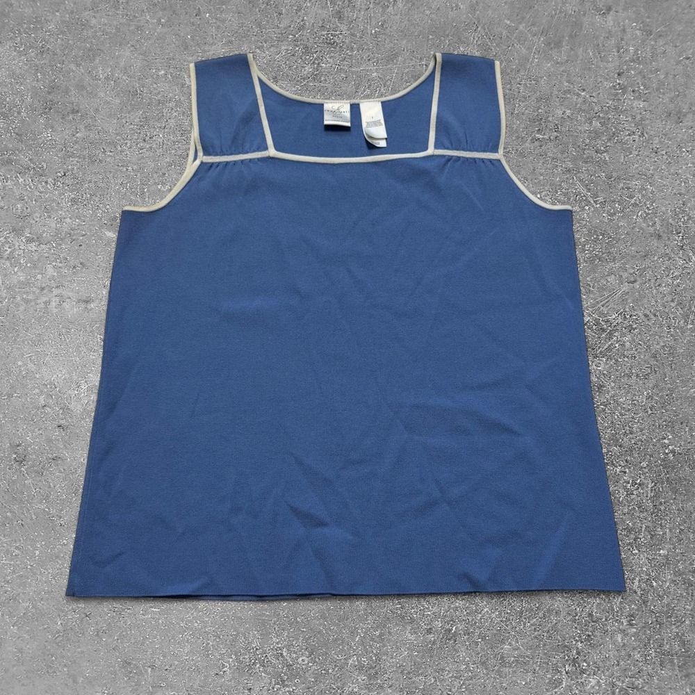 Emma James Blue Knit Tank Top Square Neck White Trim Sleeveless Shell Size 1